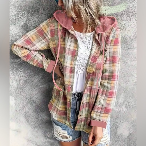 Classic Plaid Checkered Hoodie Button Down Up Shirt Top - Picture 1 of 10